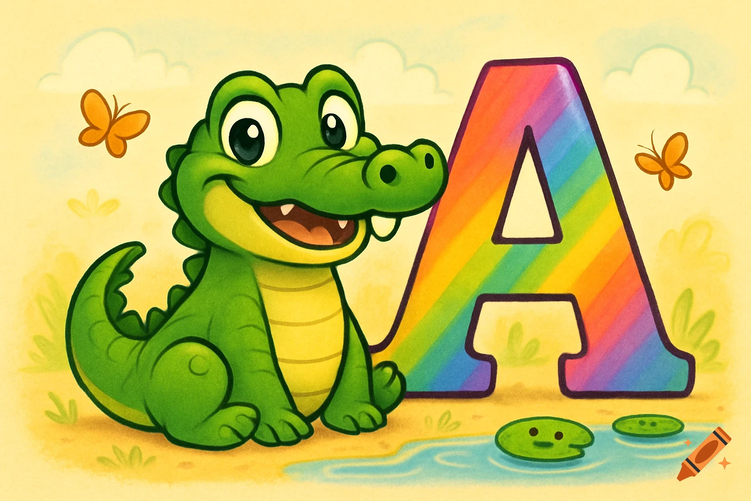 A cute green cartoon alligator sits next to a large rainbow-colored letter A, with butterflies and lily pads in a cheerful cartoon style.