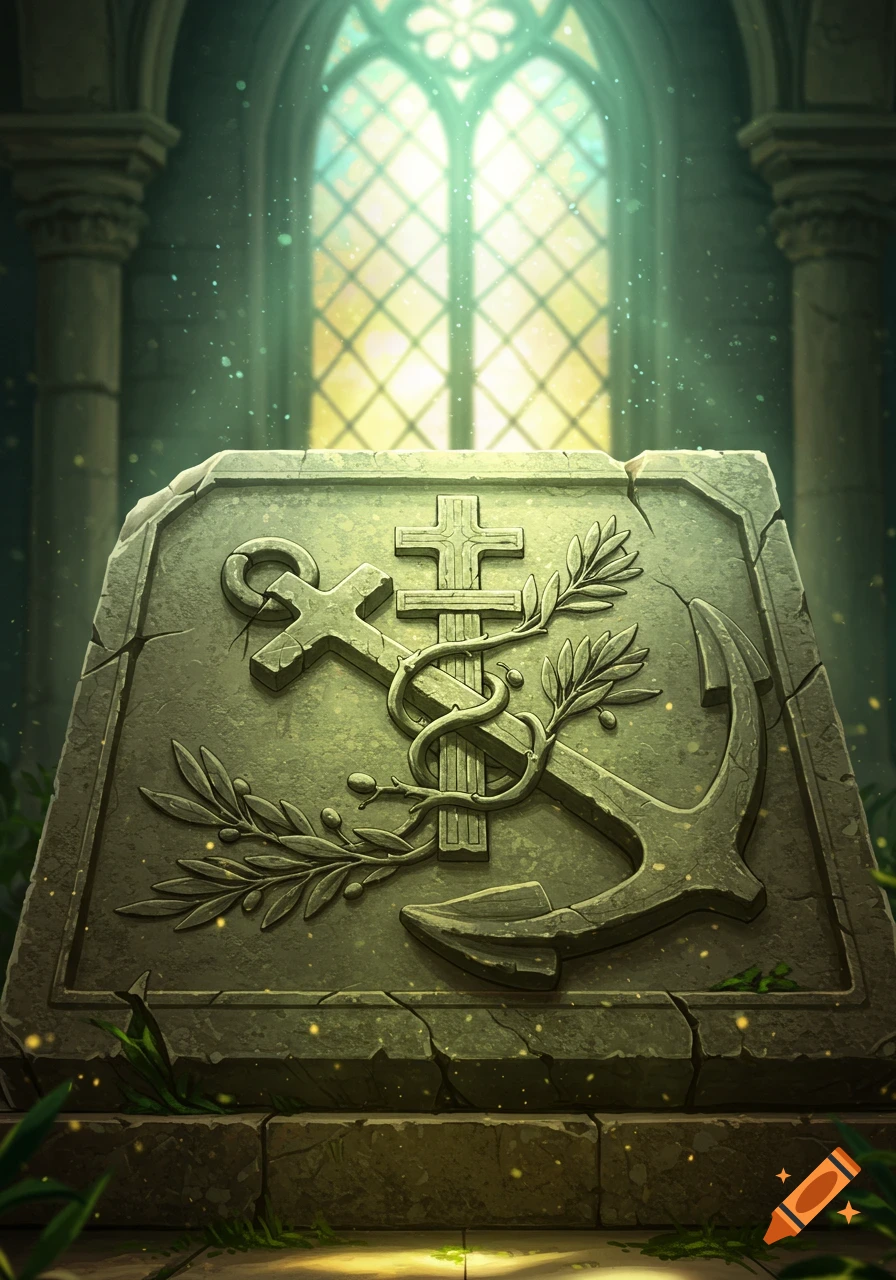 A weathered stone tablet carved with an anchor, a cross, and olive branches, illuminated by light through a large gothic church window.