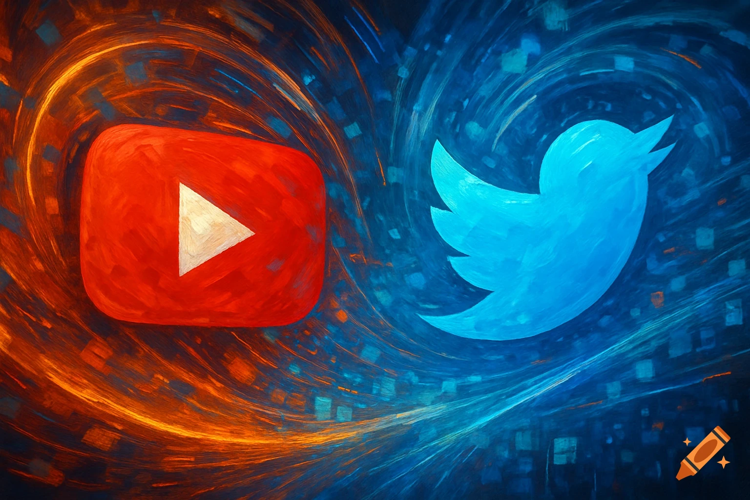 Abstract digital art depicting YouTube's red play button logo and Twitter's blue bird logo on a swirling background.