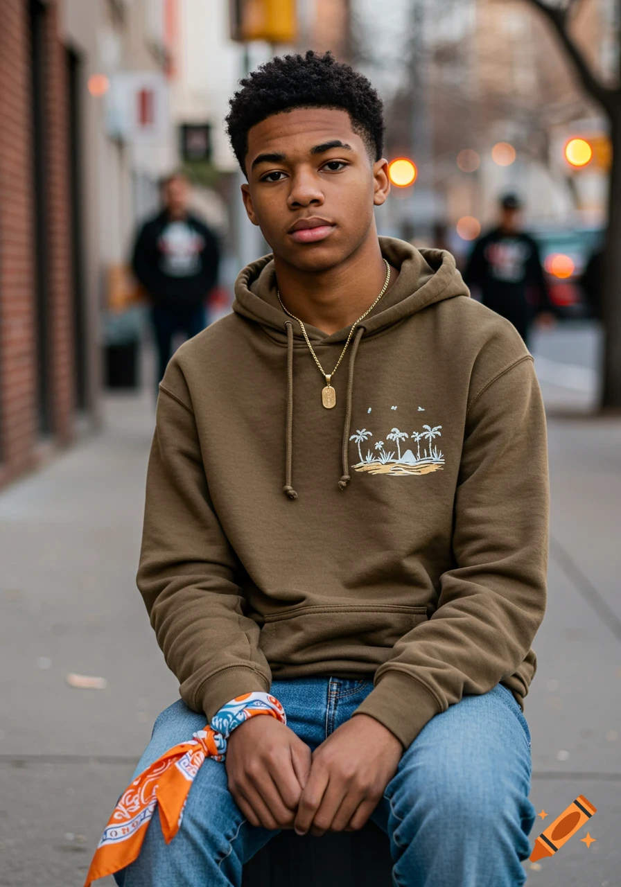 Photorealistic portrait of a young man with dark hair in a brown hoodie and jeans, standing on an urban street.