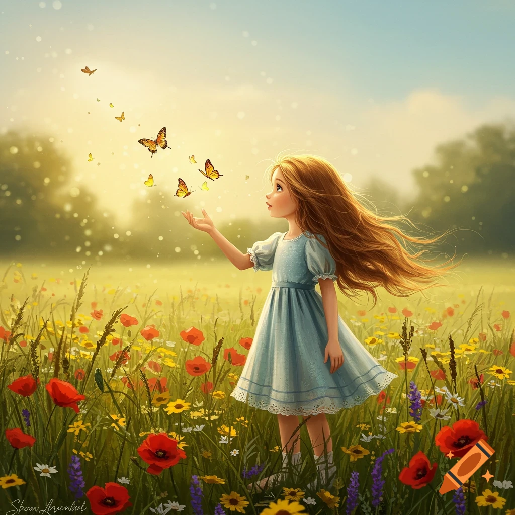 A young girl with long, flowing hair stands in a vibrant field of wildflowers, looking up at golden butterflies.