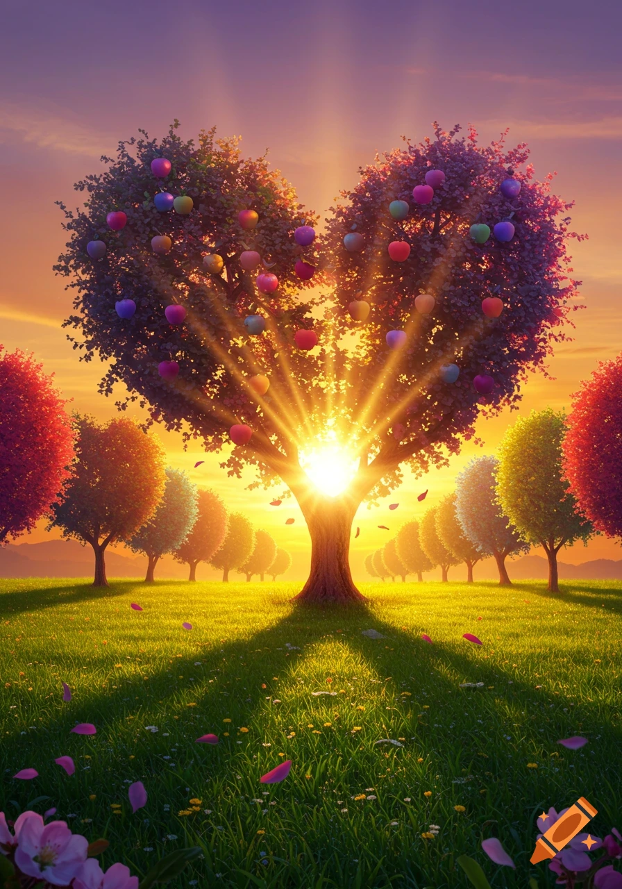 A vibrant fantasy landscape at sunset with a prominent heart-shaped tree bearing colorful apples, surrounded by other trees in a grassy field.
