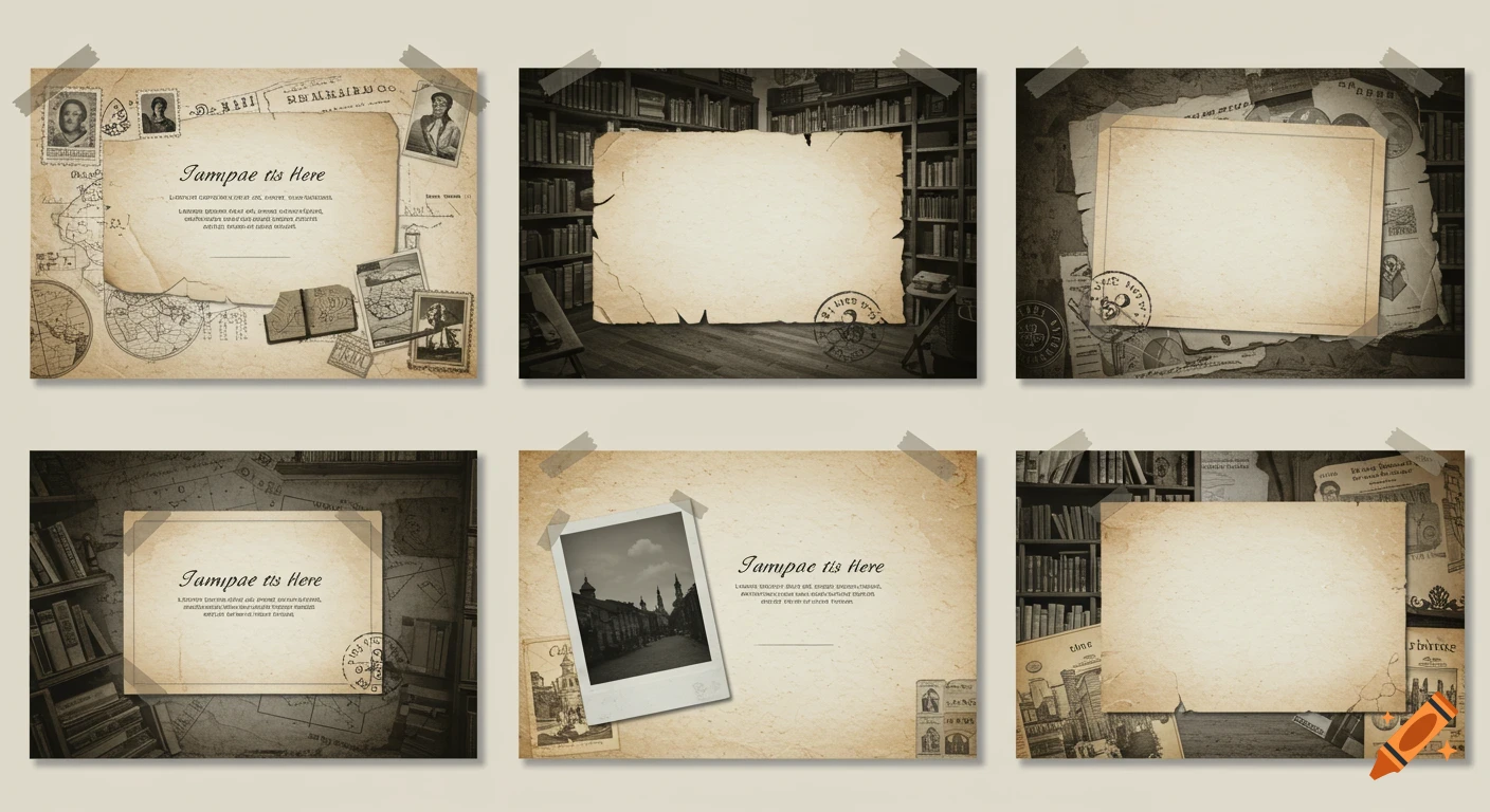 A grid of six vintage-style presentation backgrounds featuring aged paper, maps, stamps, books, and empty frames for pictures, with some text.