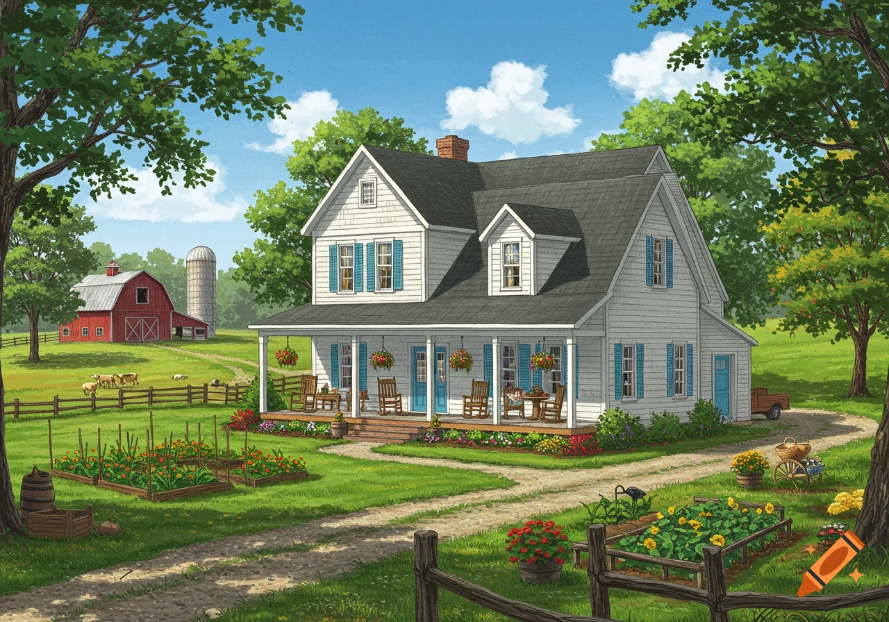 Illustrated serene farmhouse scene with a white house, blue shutters, wrap-around porch, and a red barn on green farmland under a sunny sky.