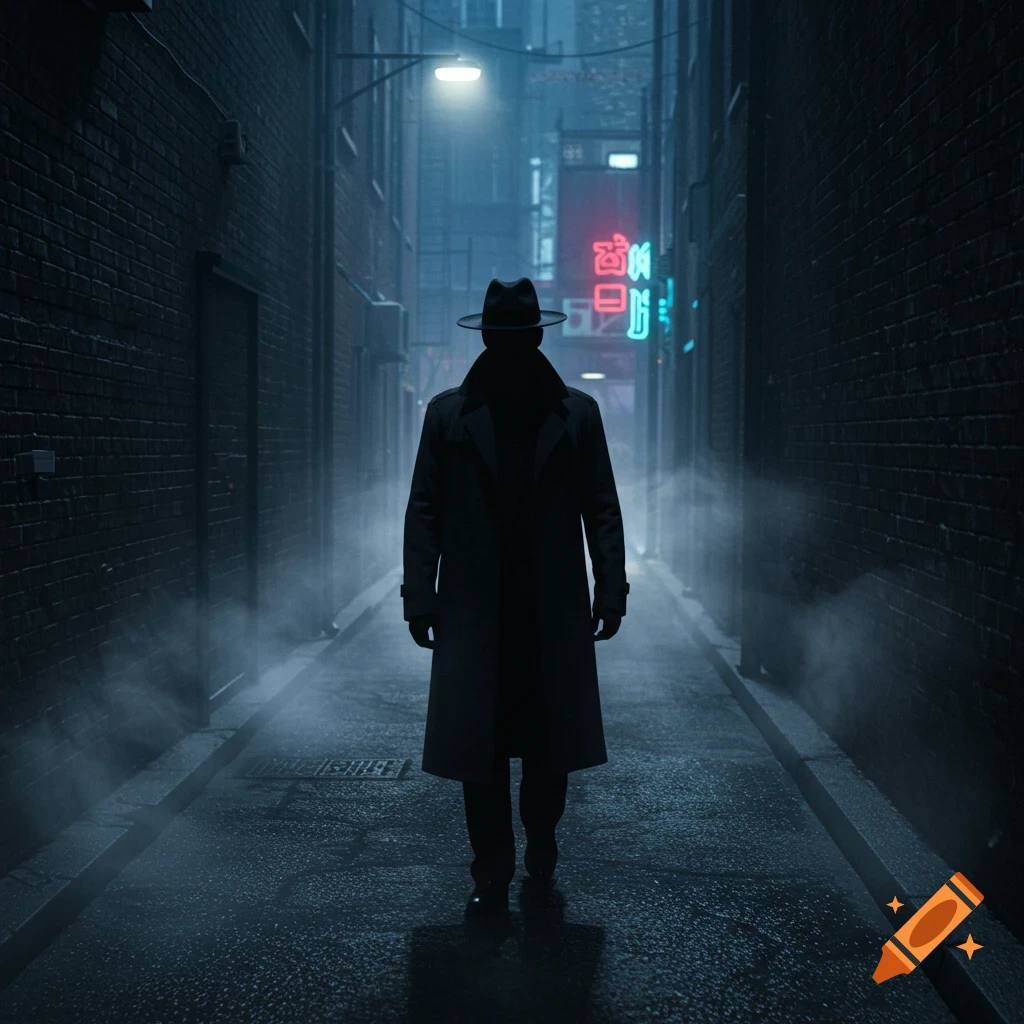 A silhouetted man in a fedora and trench coat walks through a dark, misty urban alley with glowing neon signs, in a photorealistic style.