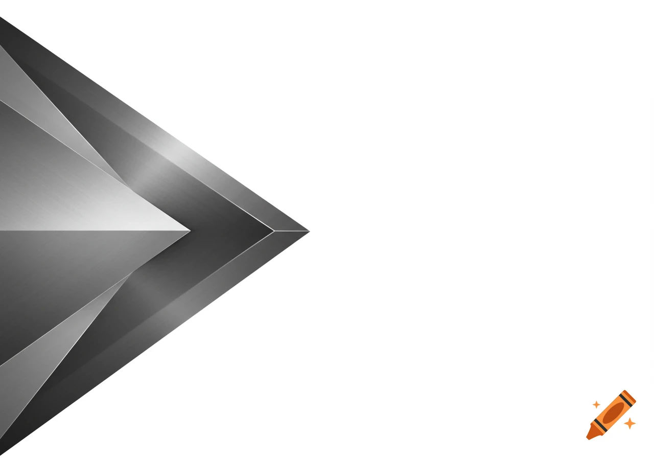 Abstract geometric metallic shape in shades of grey and silver, resembling an arrow, pointing right against a white background.