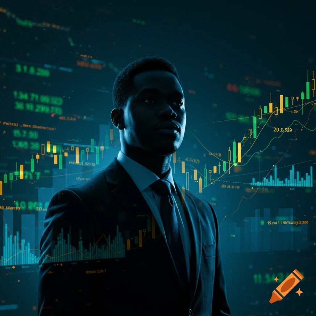 A man in a suit against a digital background of stock market charts.