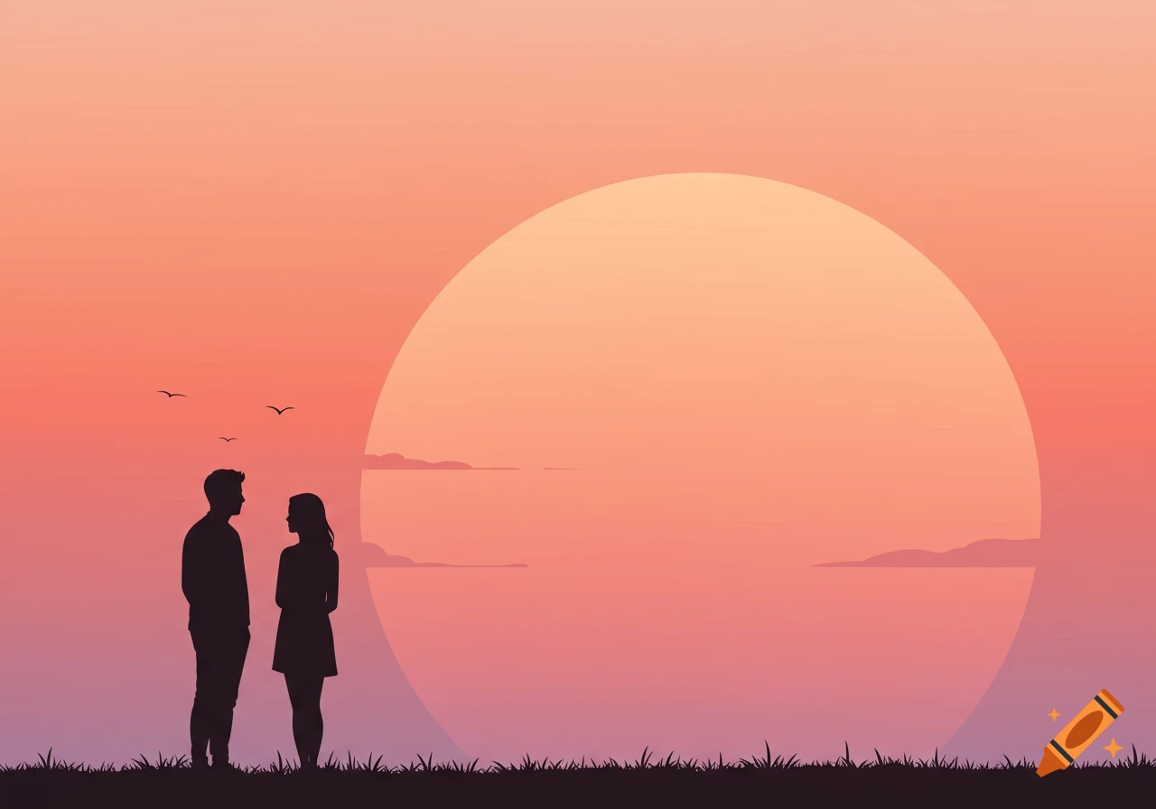 Minimalist illustration of a male and female silhouette standing on grass, facing each other, with a large, vibrant sunset in the background and birds flying.