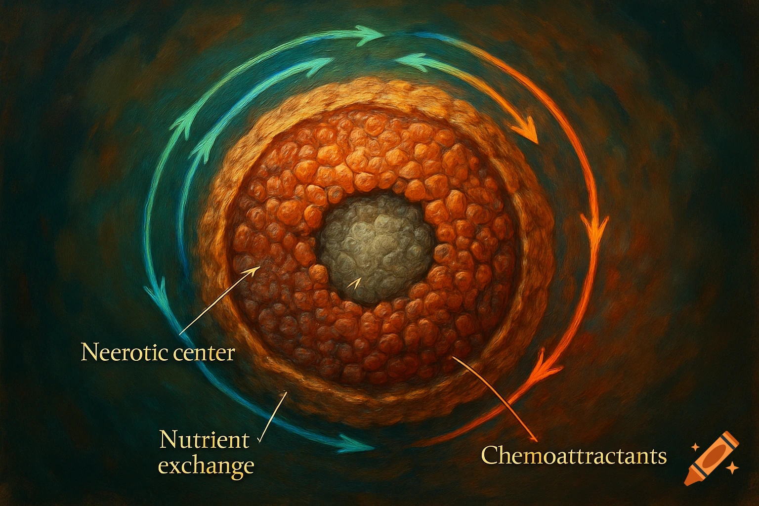 A stylized diagram of a spherical tumor with a central core, showing nutrient exchange and chemoattractants with arrows.