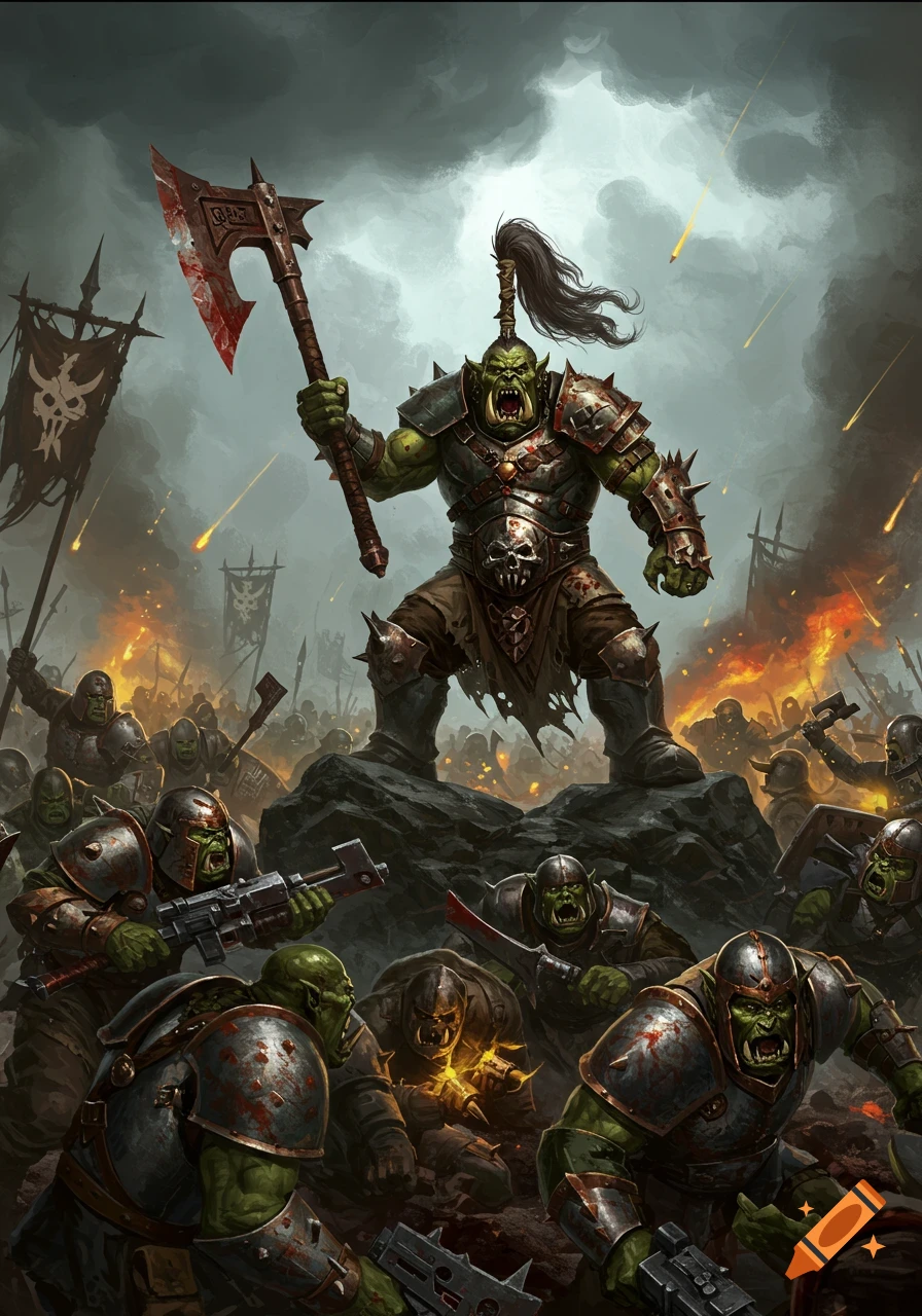 A massive, armored orc warrior stands atop a rock, holding a bloody axe, surrounded by an army of orcs in a fiery battlefield.