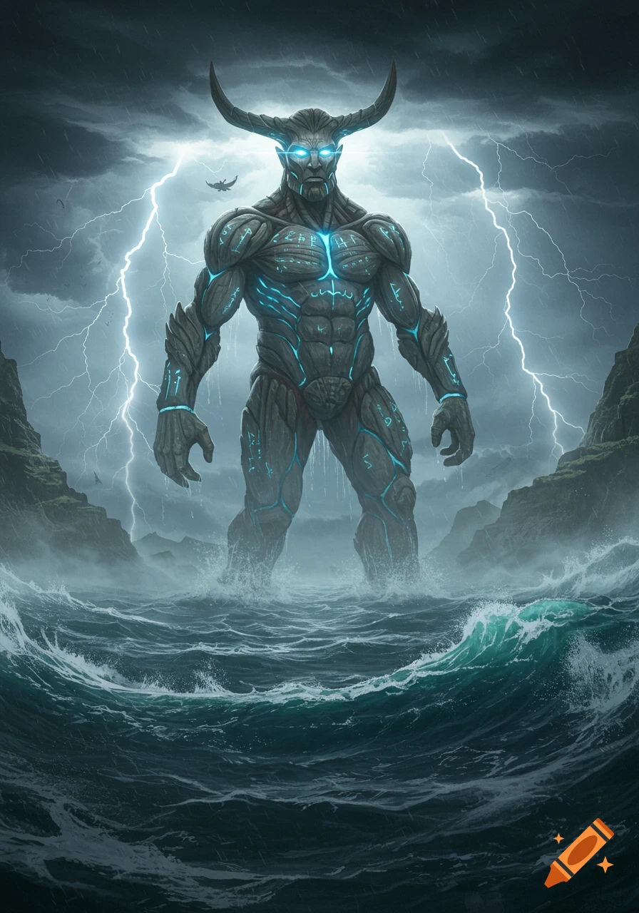 A colossal horned stone titan with glowing blue markings stands in stormy ocean waves under a lightning-filled sky.