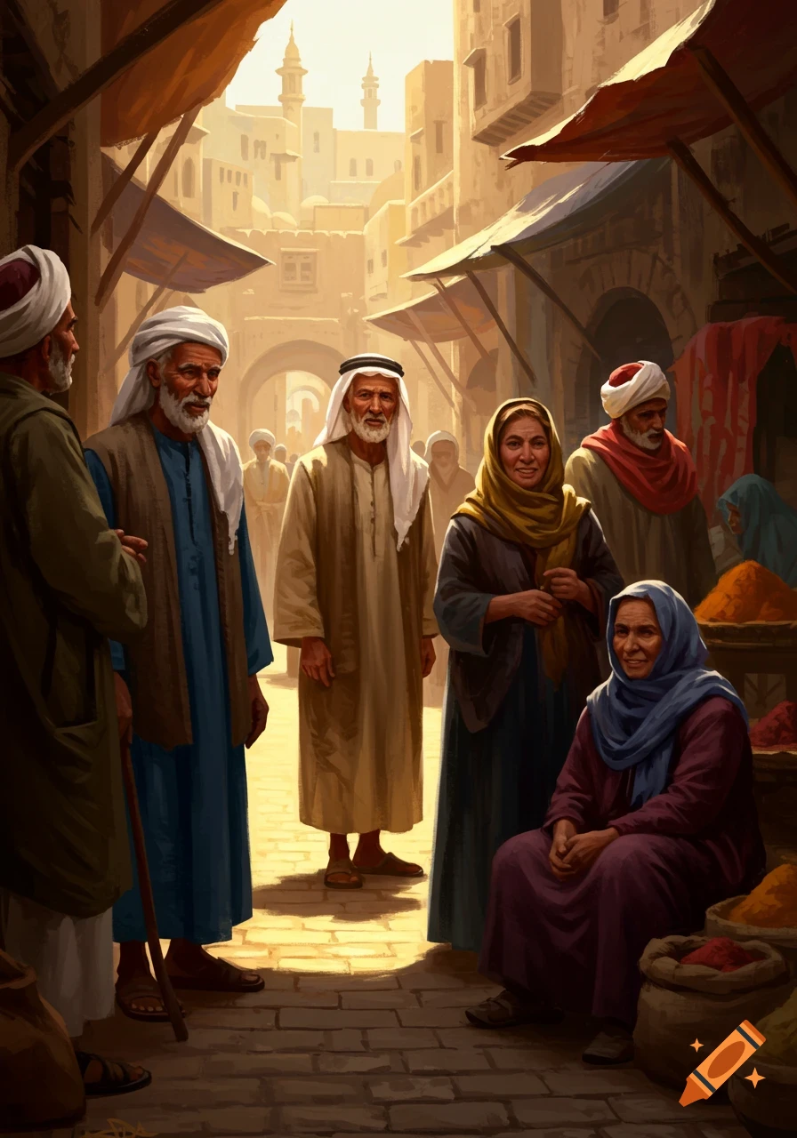 A group of old Arab people gathered in a bustling marketplace street, with ancient buildings and spice stalls.