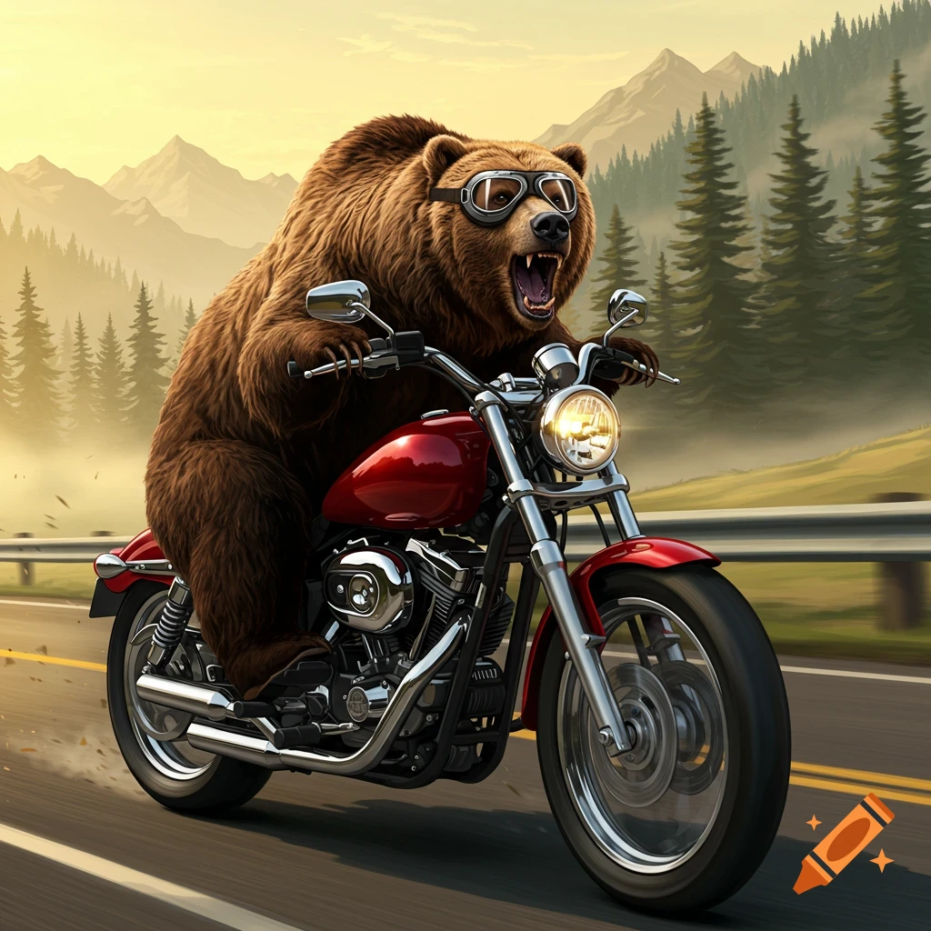 A brown bear wearing goggles rides a red motorcycle down a road with mountains and pine trees in the background, in an illustrated style.