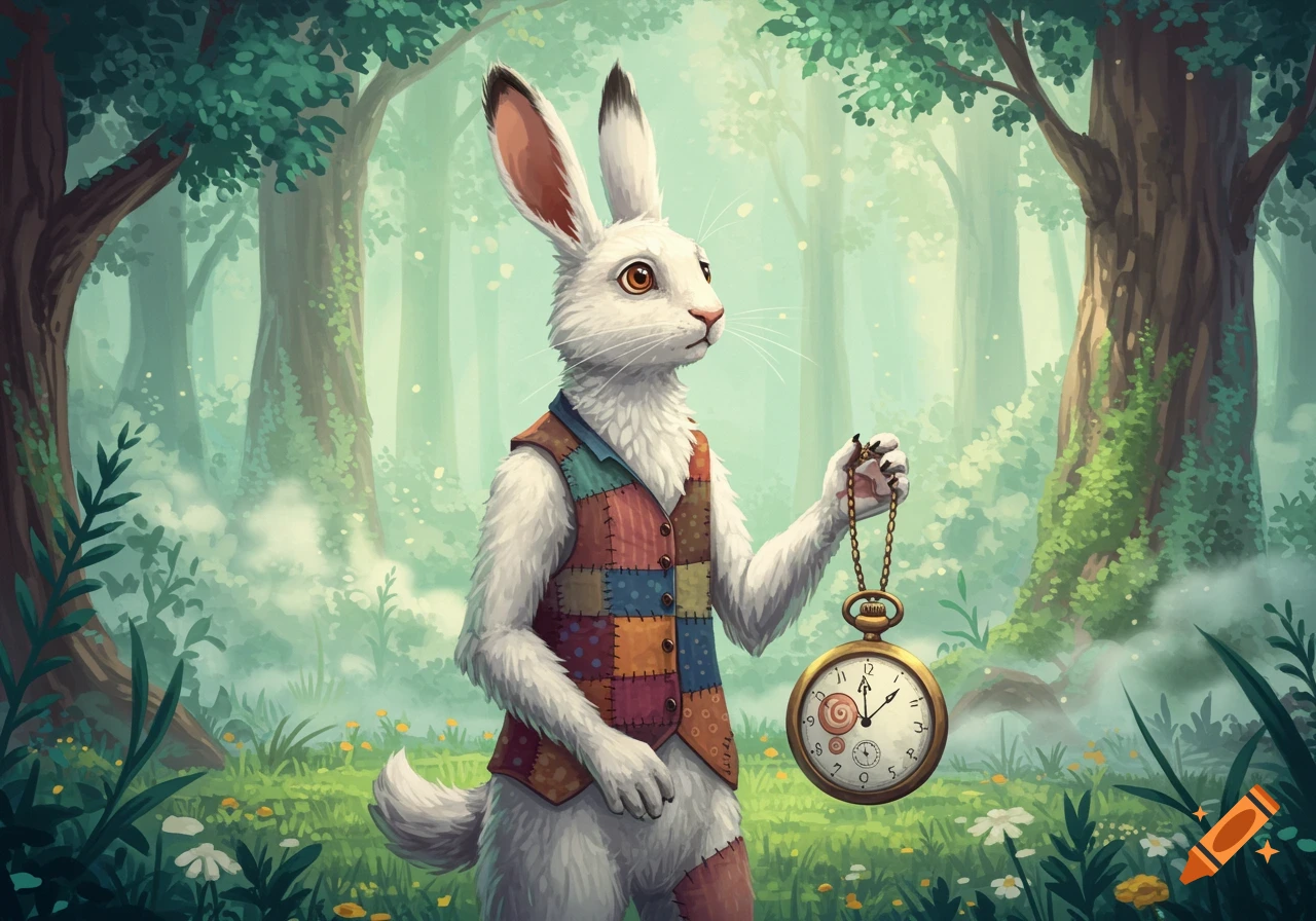 A stylized illustration of a white rabbit wearing a patchwork vest and holding a pocket watch in an enchanted forest.