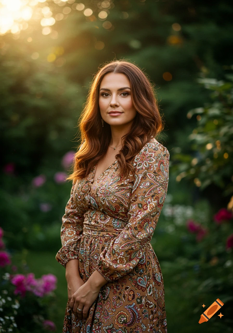 A woman with long, wavy brown hair wearing a patterned brown dress stands in a sunny garden.