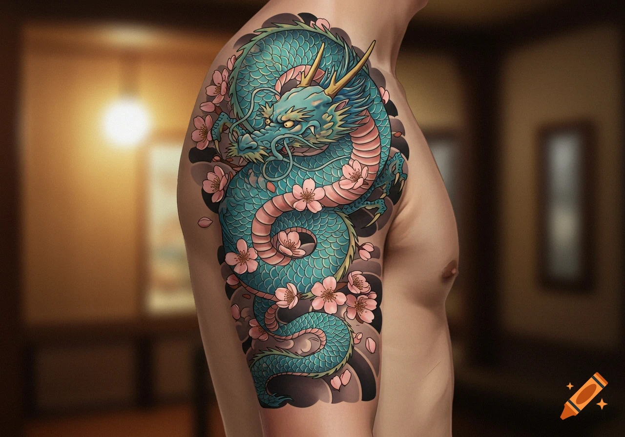 A colorful Japanese-style dragon tattoo with pink cherry blossoms on a person's shoulder and arm.