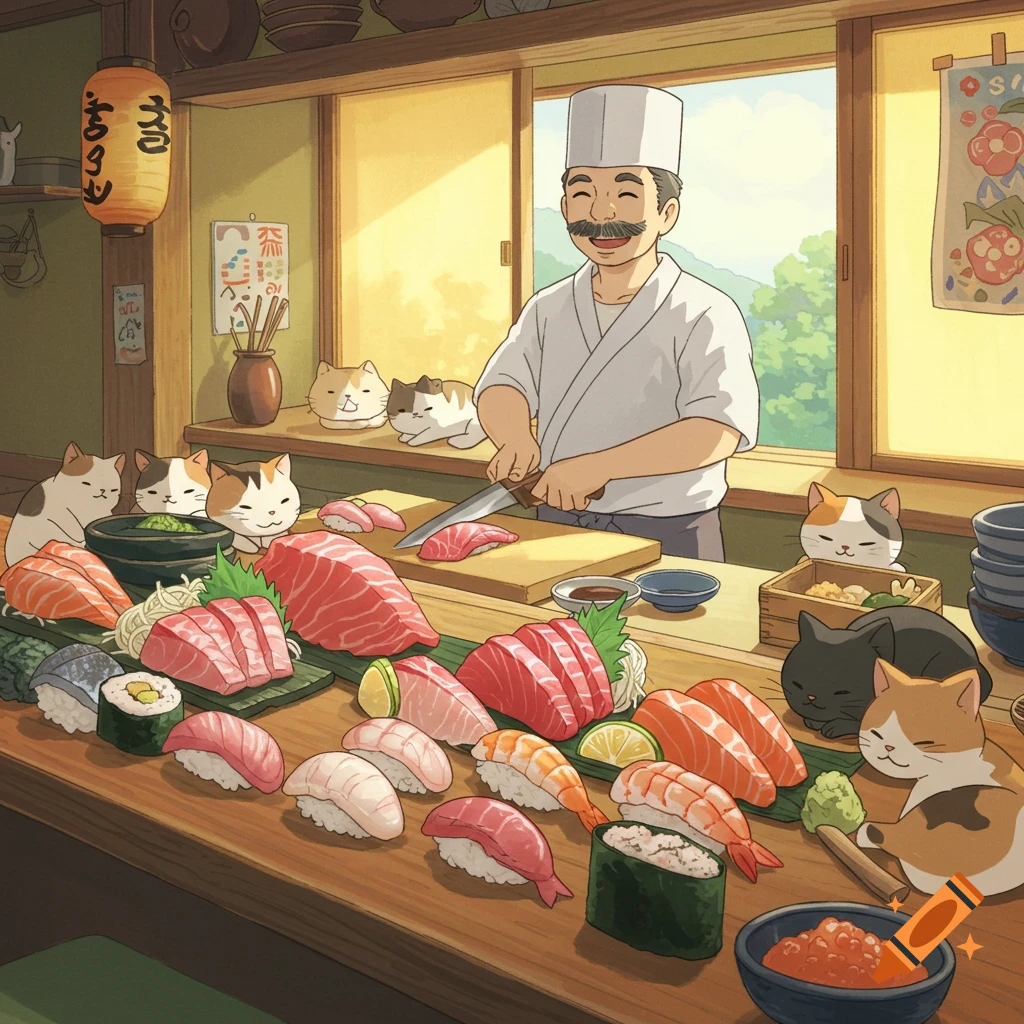 A smiling chef in Ghibli style prepares sashimi with various cuts of fish, sushi, and a bowl of roe on a wooden counter, surrounded by several watchful and sleeping cats.