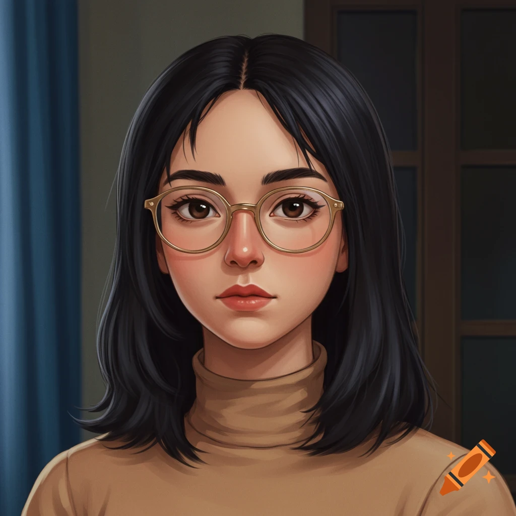 Miyazaki-style portrait of a young woman with black hair, glasses, and a tan turtleneck, looking forward.