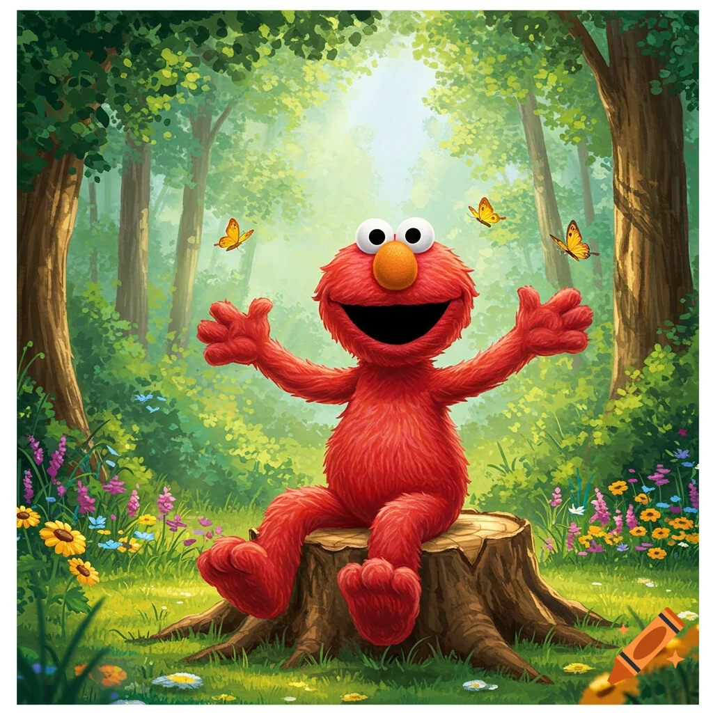 Elmo sits on a tree stump with arms open wide in a bright, green forest with flowers and butterflies in an illustrated style.