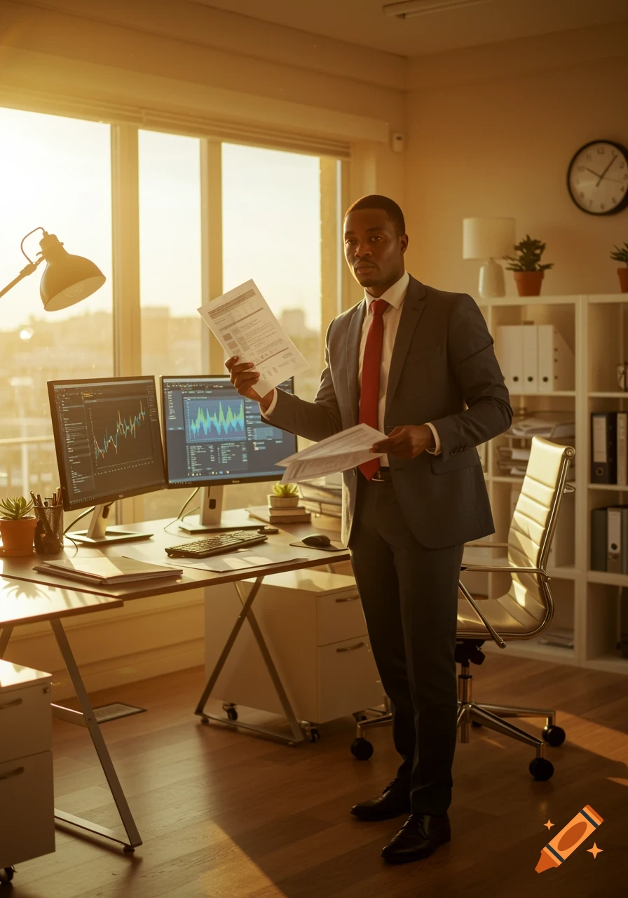 A man in a suit holds documents while standing in a sunlit office with computer monitors displaying data.