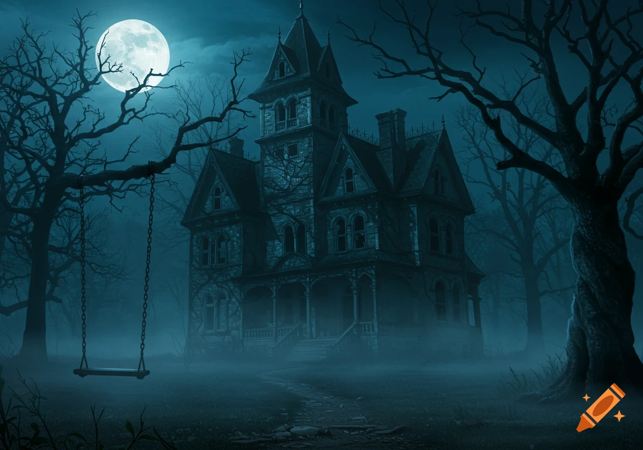 A full moon illuminates a haunted Victorian house with bare trees and a swing set, shrouded in mist.