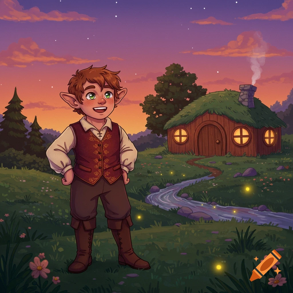 A happy halfling character with pointed ears stands in a lush green field near a hobbit-like house under a vibrant sunset sky with fireflies.