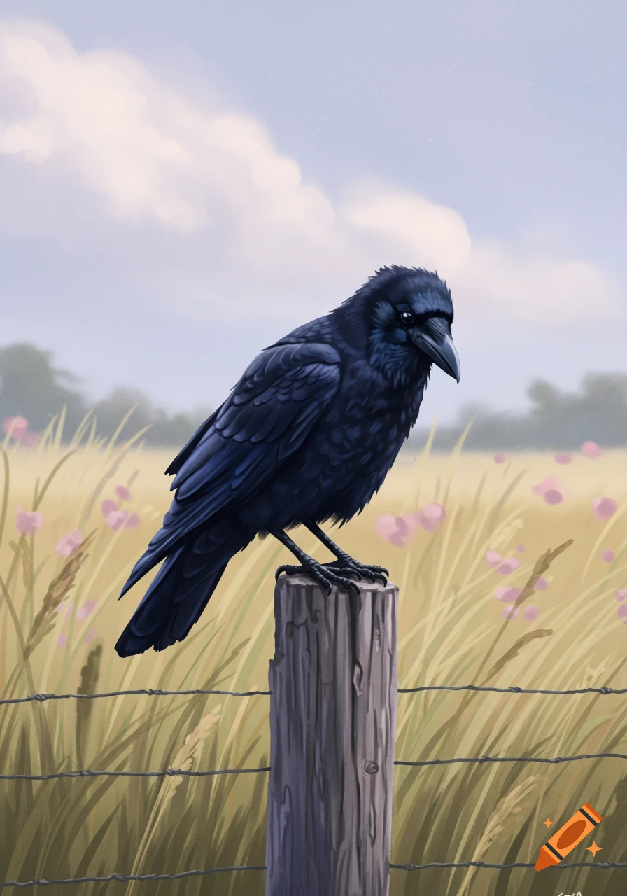 A dark black crow perches on a weathered wooden fence post in a green and yellow field with pink flowers, under a cloudy sky. Digital illustration.