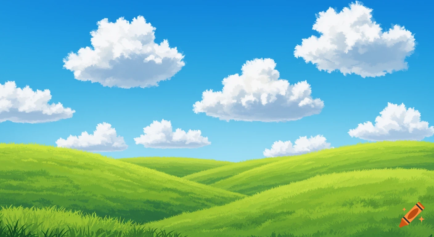 Green rolling hills under a bright blue sky with fluffy white clouds.