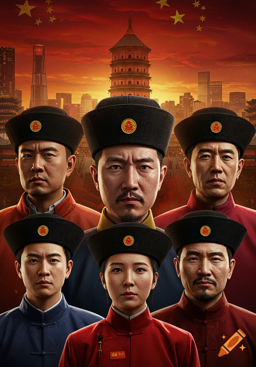 Six serious-faced people in traditional-style Chinese hats and modern jackets against a cityscape with a pagoda and skyscrapers at sunset, with golden stars in the sky.