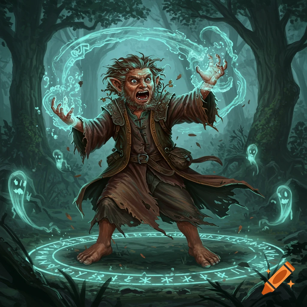 A wild, angry goblin-like wizard in a dark forest casts glowing blue magic, surrounded by ghostly figures.