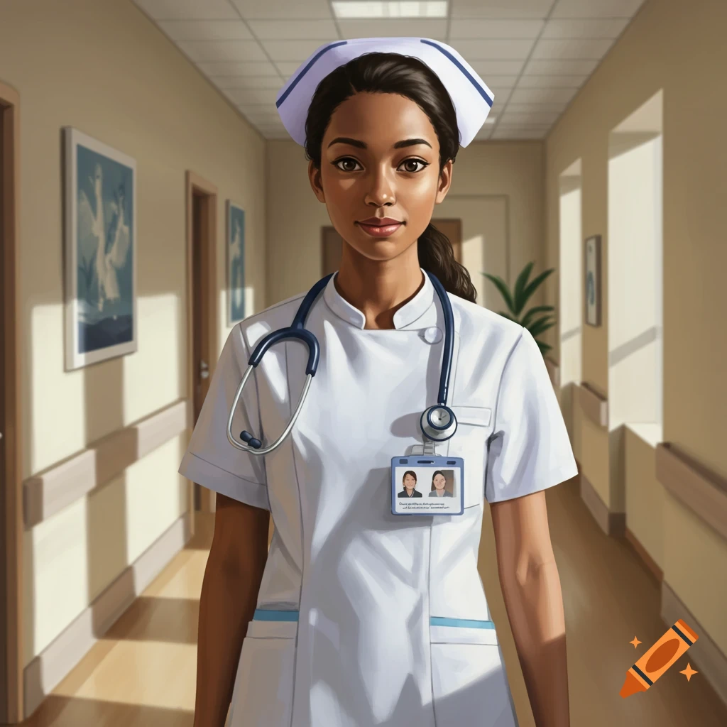 A photorealistic illustration of a nurse with dark skin and hair, wearing a white uniform and a stethoscope, standing in a hospital hallway.