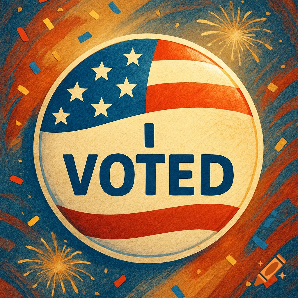 An 'I Voted' sticker with an American flag design, surrounded by confetti and fireworks.
