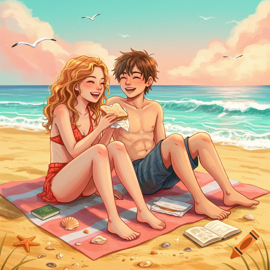 A smiling cartoon couple, a girl and a boy, sit on a striped blanket on a sunny beach, sharing a sandwich.
