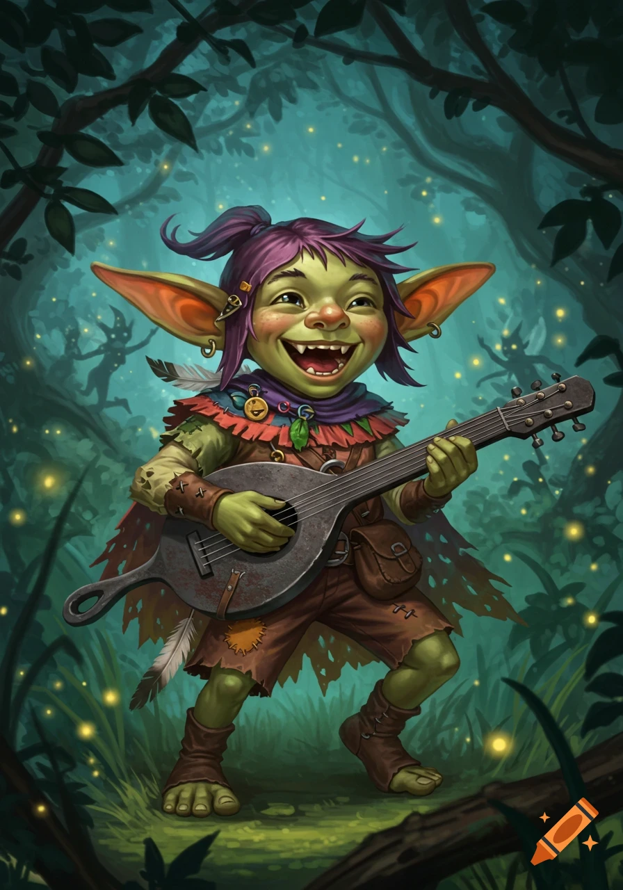A cheerful goblin with purple hair and large ears plays a unique cast iron skillet lute in a whimsical forest filled with glowing fireflies.