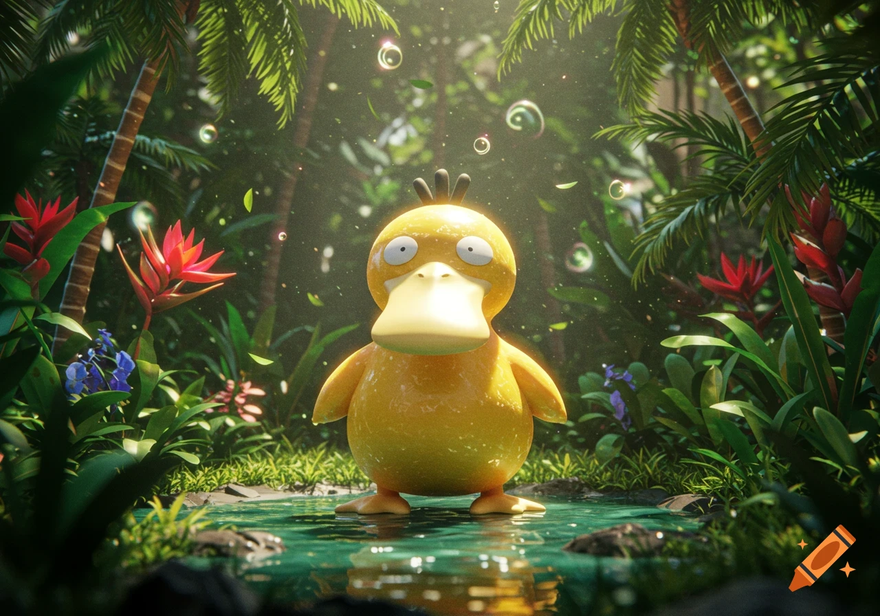 A yellow Psyduck stands in shallow water in a lush green jungle, with light filtering through the palm leaves and bubbles floating around it.