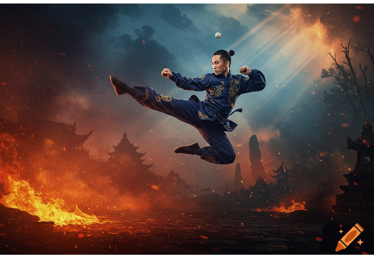 A male martial artist in a blue and gold uniform jumps in a dynamic high kick pose amidst a fiery, mystical landscape with traditional Asian architecture.