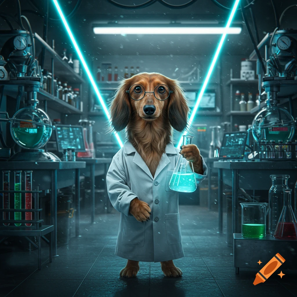 A photorealistic long-haired dachshund wearing a lab coat and glasses holds a glowing blue beaker in a neon-lit science lab.