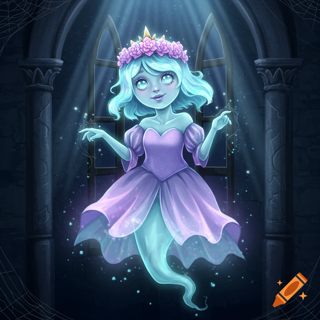 A cute, ethereal blue ghost princess with a flower crown and lavender dress floats in a gothic window with spiderwebs.