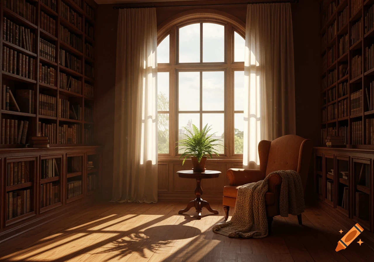 A sunlit library room with tall wooden bookshelves, a large arched window, a comfy armchair, a side table with a plant, and sunbeams on the wooden floor.