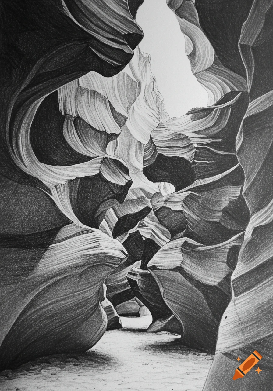 A black and white pencil sketch showing the swirling, smooth walls of Antelope Canyon with light from above.