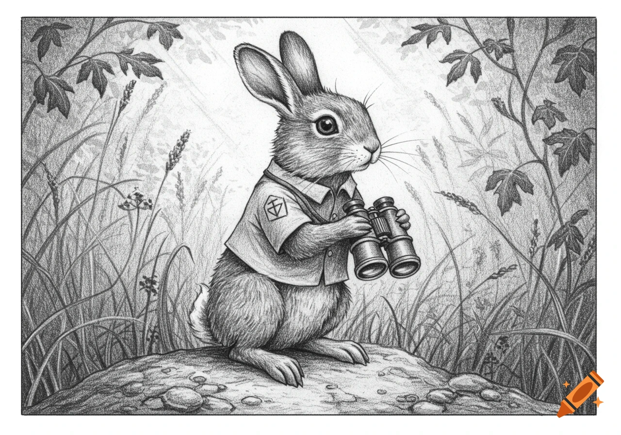 A detailed pencil drawing of an anthropomorphic rabbit wearing a scout-like shirt and holding binoculars, standing on a mound in a lush, leafy forest.