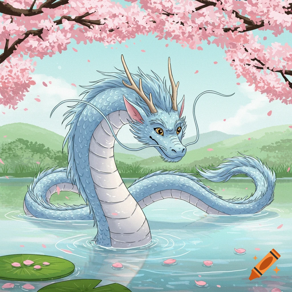 A light blue Japanese water dragon in a pond with pink cherry blossoms overhead, in a graphic novel art style.