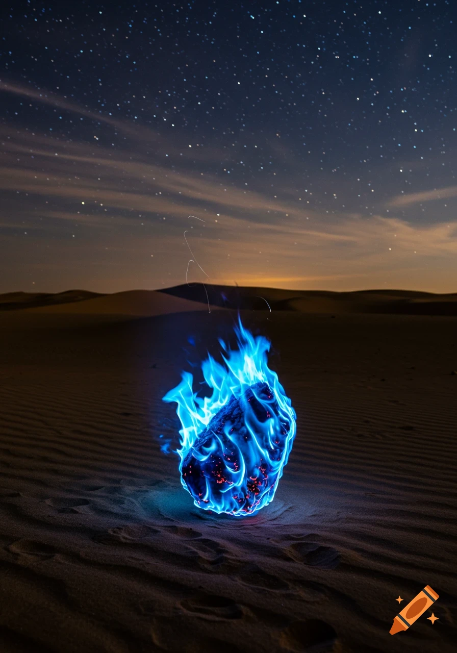 A glowing blue fire burns on a rock in a dark desert under a star-filled night sky.
