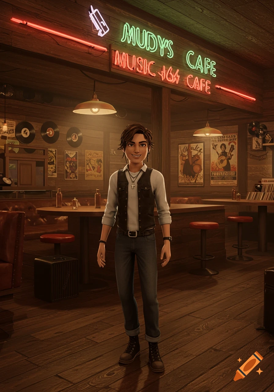 A male avatar in a brown vest and jeans stands smiling in a stylized wooden cafe with neon signs, vinyl records, and posters.