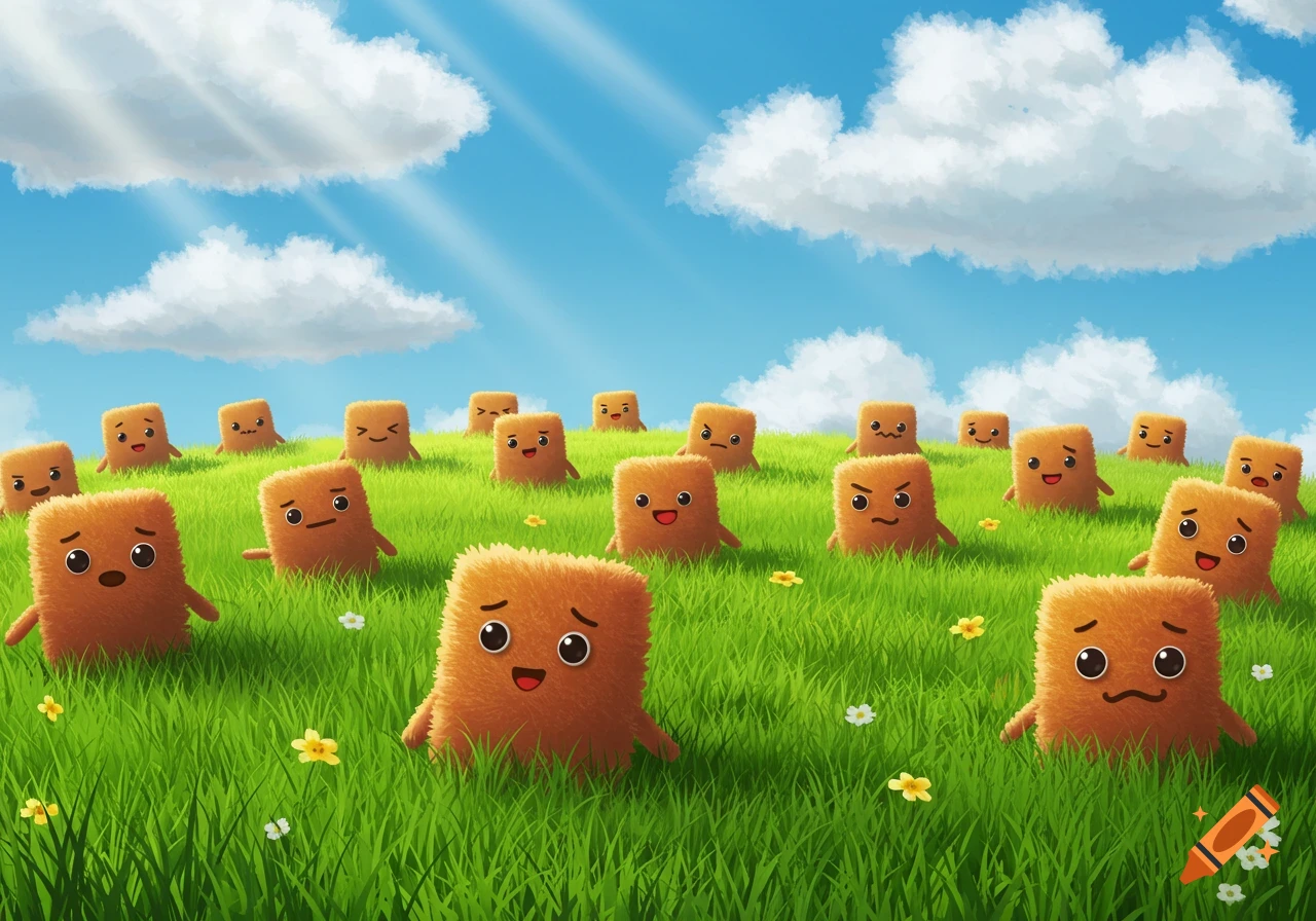 Numerous fluffy brown square creatures with cute faces in a vibrant green grassy field under a sunny blue sky.