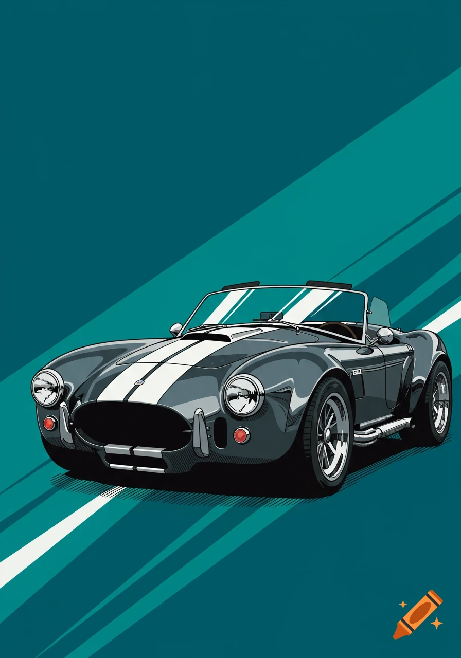 A gray vintage Shelby Cobra car with white racing stripes, against a teal background with diagonal stripes, in a vector art style.