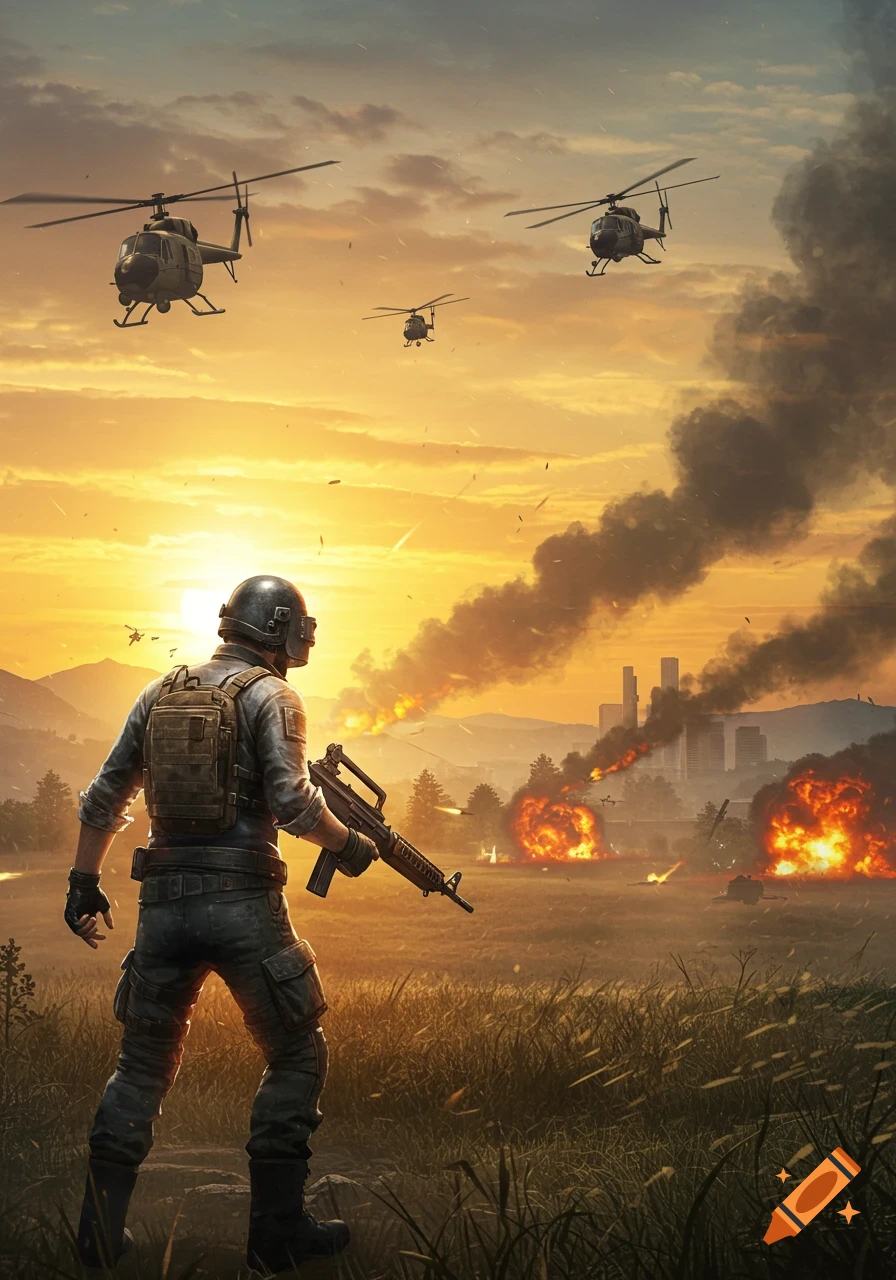 Soldier overlooks a burning battlefield with helicopters in a dramatic sunset sky.