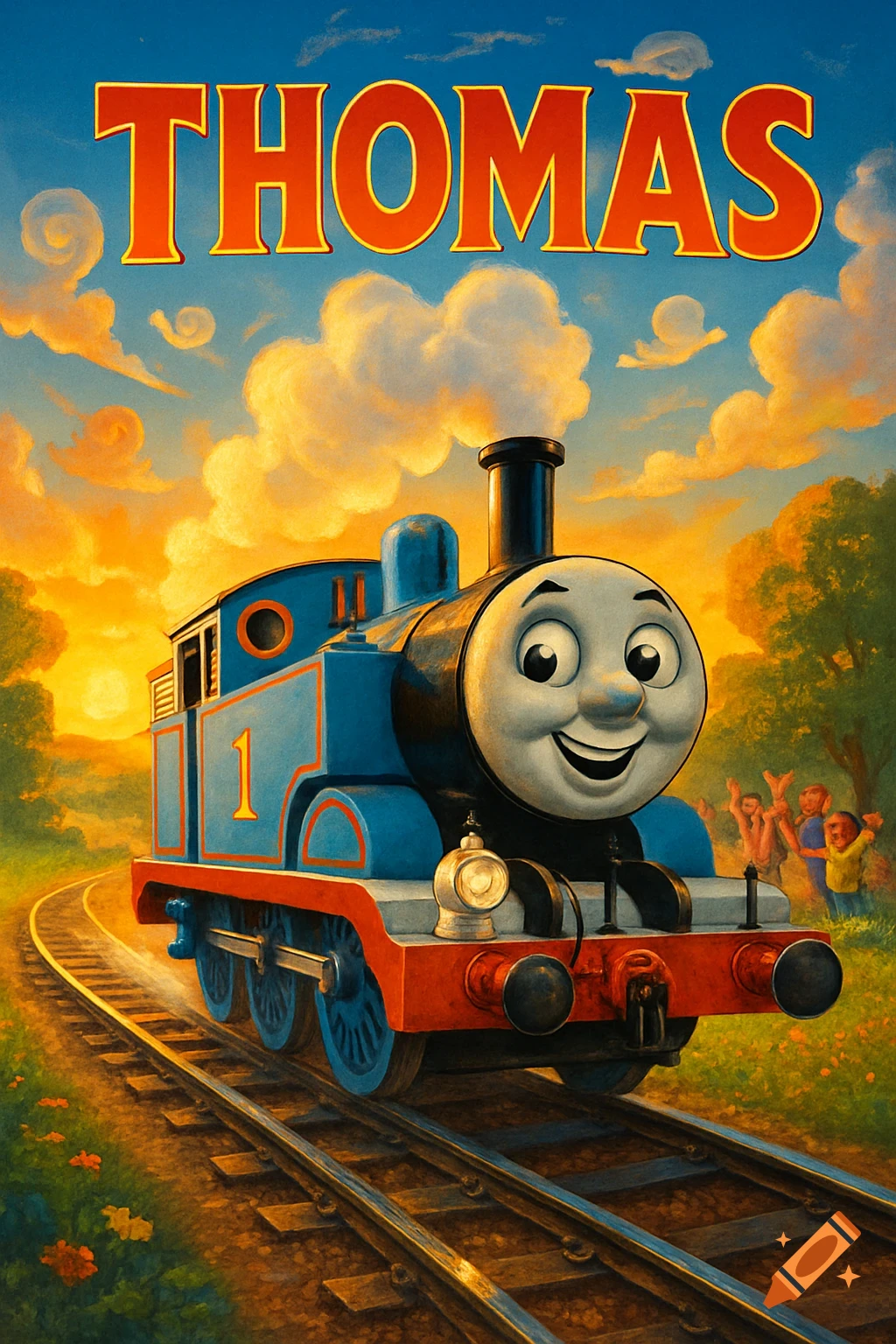 A vibrant movie poster of Thomas the Tank Engine on train tracks at sunset, with the title 'THOMAS' at the top.