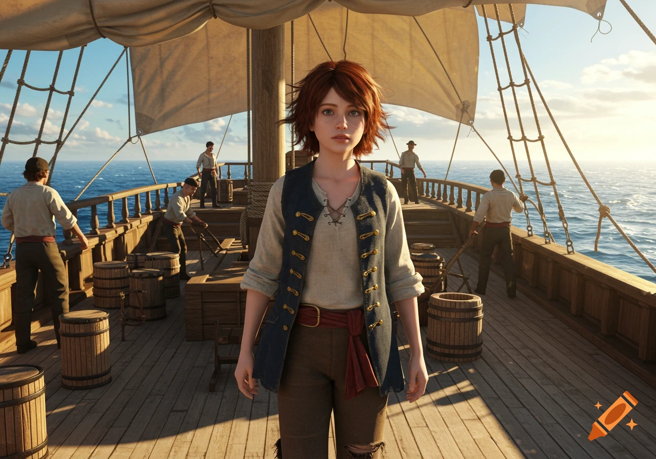 A young person with red hair in a pirate-style outfit stands on a ship's deck with sailors and the sea in the background, in a 3D rendered style.