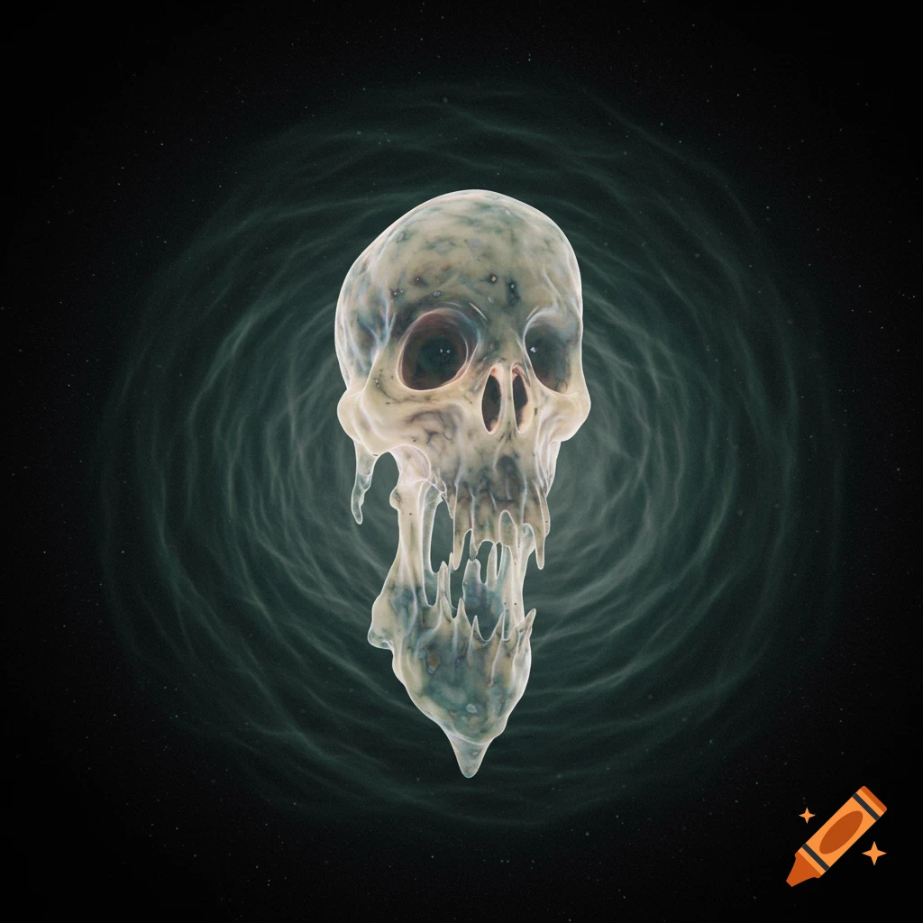 A melting, translucent skull-like entity with hollow eyes floats in a dark, swirling void, rendered in a surreal style.